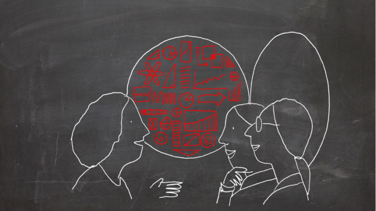 Communicating Lily's Pain (animation still image with woman/mother on left speaking to two people/clinicians on the right - a speech bubble between them shows symbols and images)
