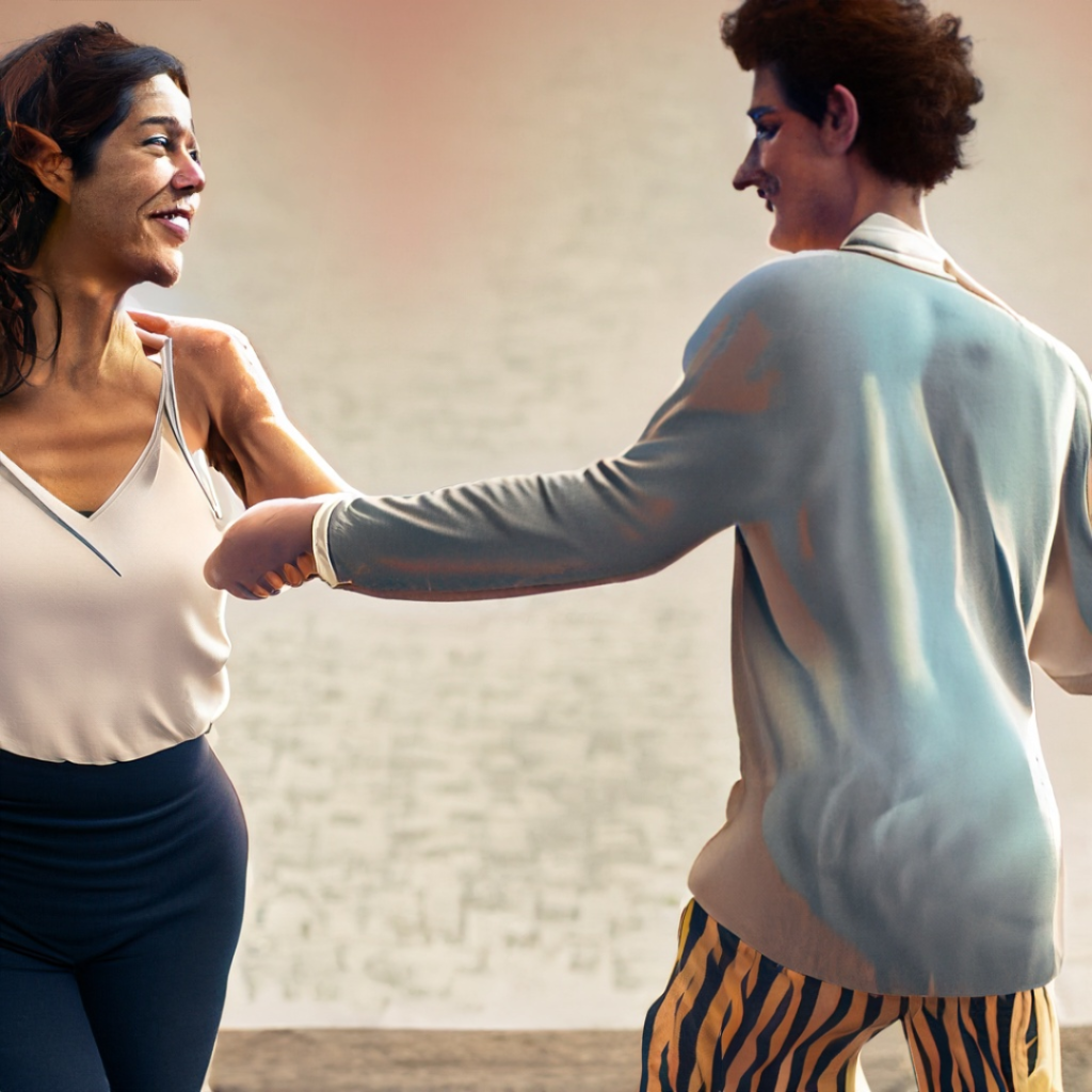 Two cartoon figures are moving together. A woman in a white vest top and dark blue trousers is smiling as she holds hands with the other figure. The 2nd figure has short dark hair, their back is visible in a blue top and stripped trousers.